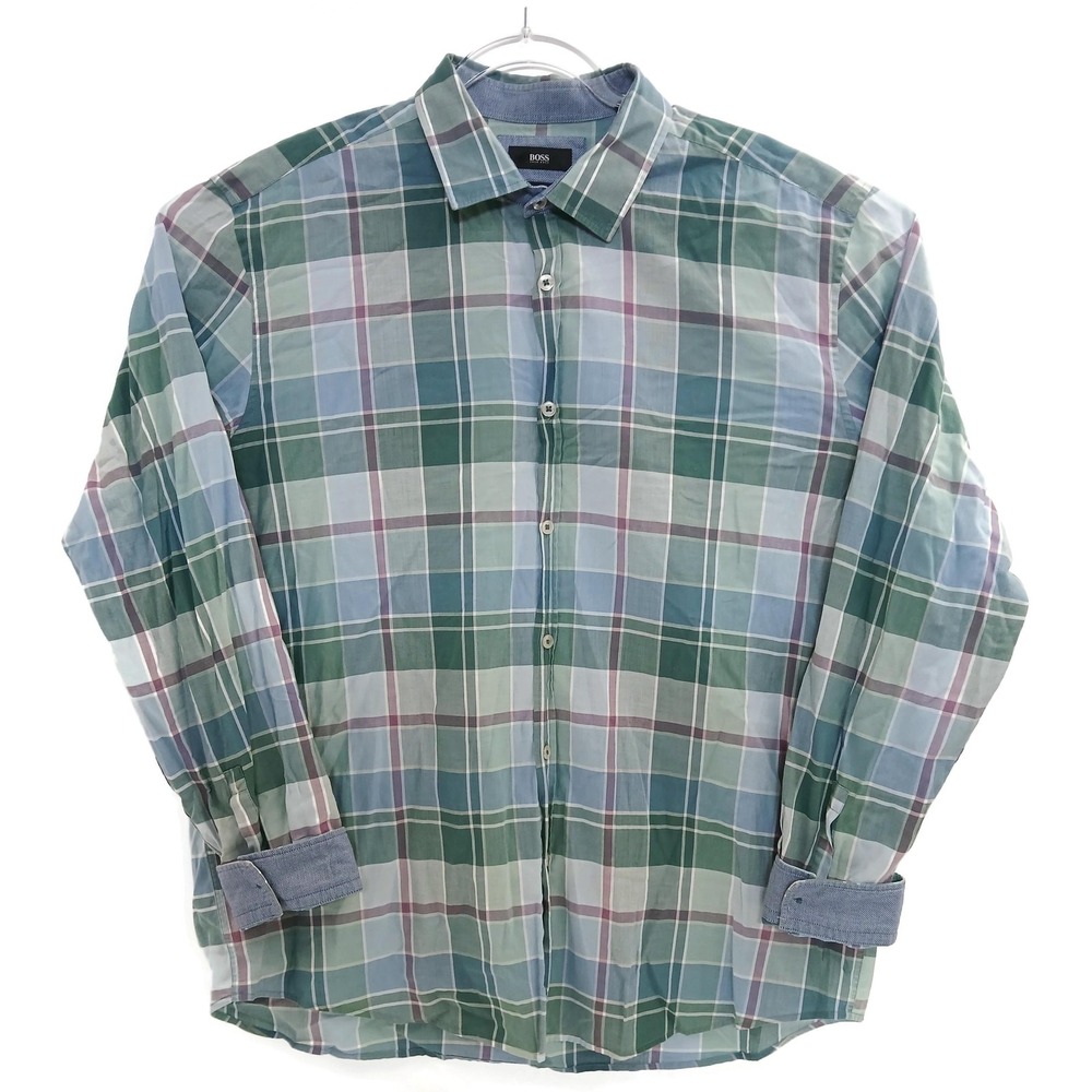 Hugo Boss Shirt Mens 2XL Green Blue Plaid Regular Fit Button Down‎ Long Sleeve